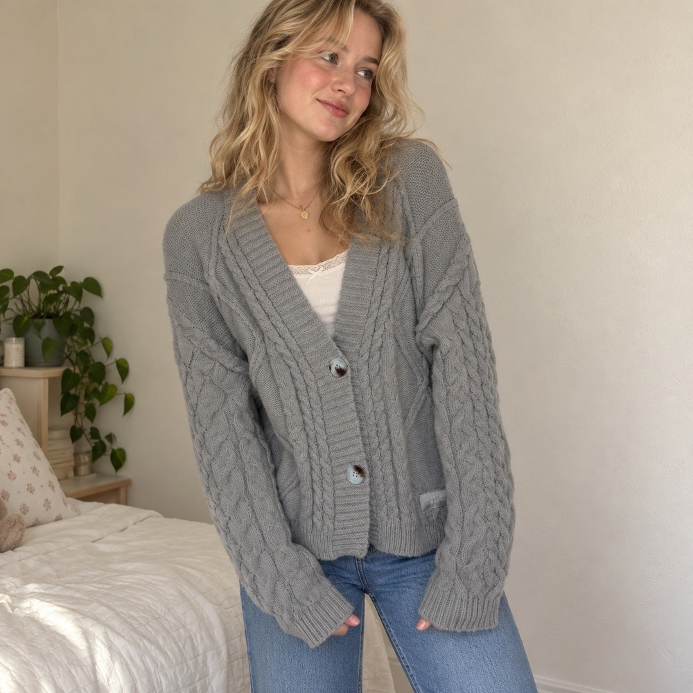 Taylor Swift TTPD Cardigan XS/SM Grey Cable Knit Patch V-Neck Dark Academia